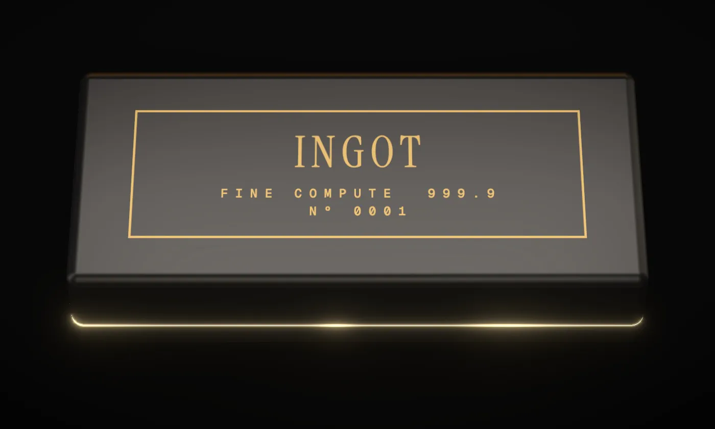 An Ingot seen from above, its engraved hallmark reading INGOT, FINE COMPUTE 999.9, Nº 0001.